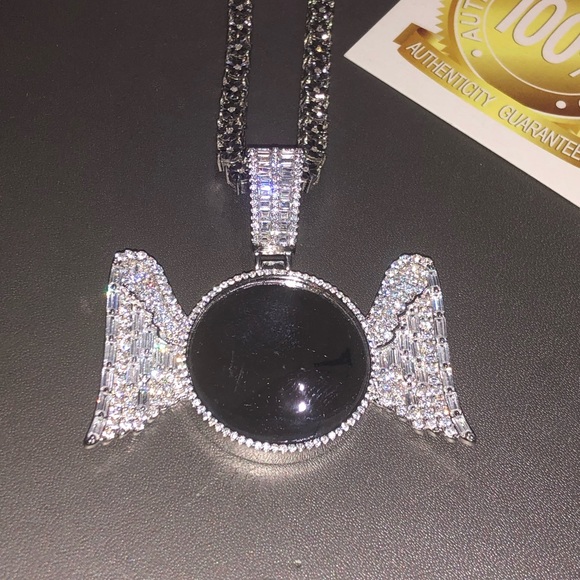 Real diamond tennis chain w custom made angel wing memory pendant only 1 made - Picture 3 of 8